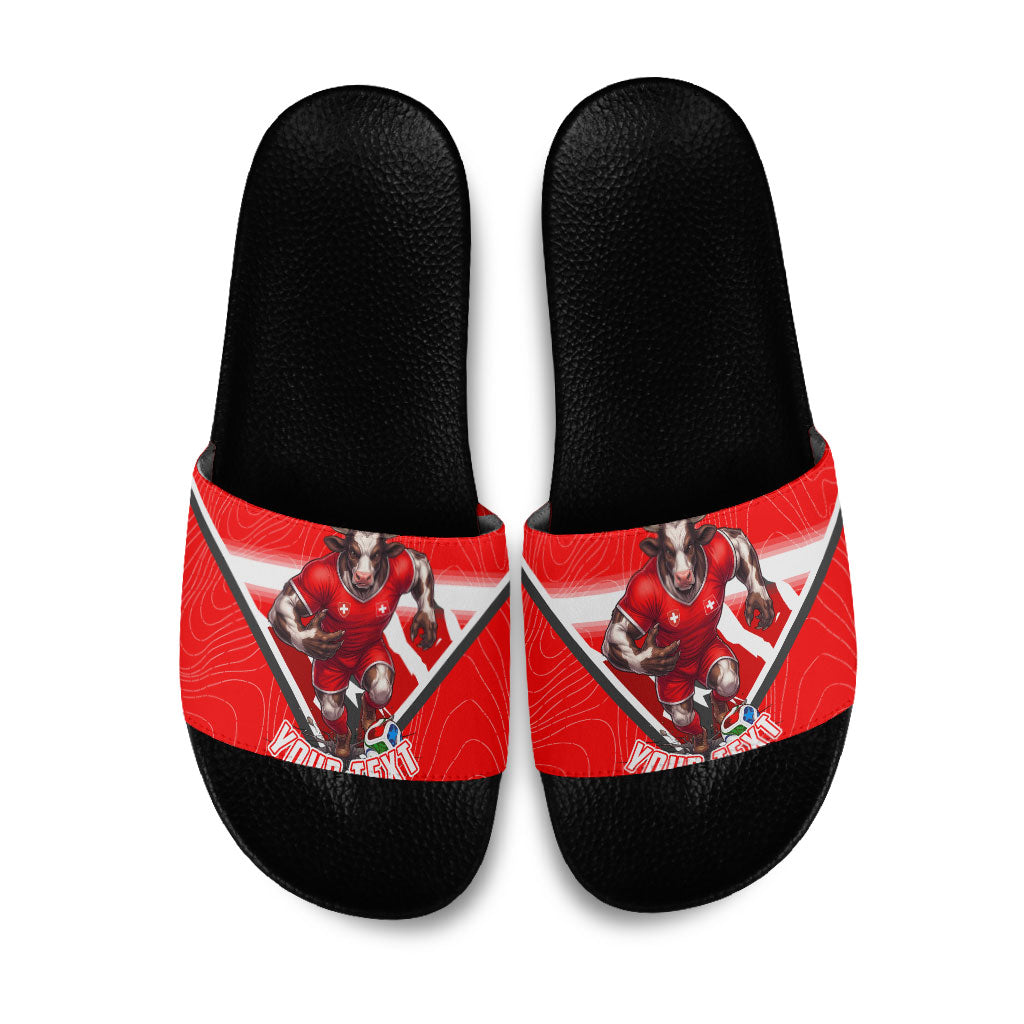 Personalized Switzerland Football Bull Mascot Slide Sandals Swiss Flag And Alps Mountain Background With Muscular Bull Art
