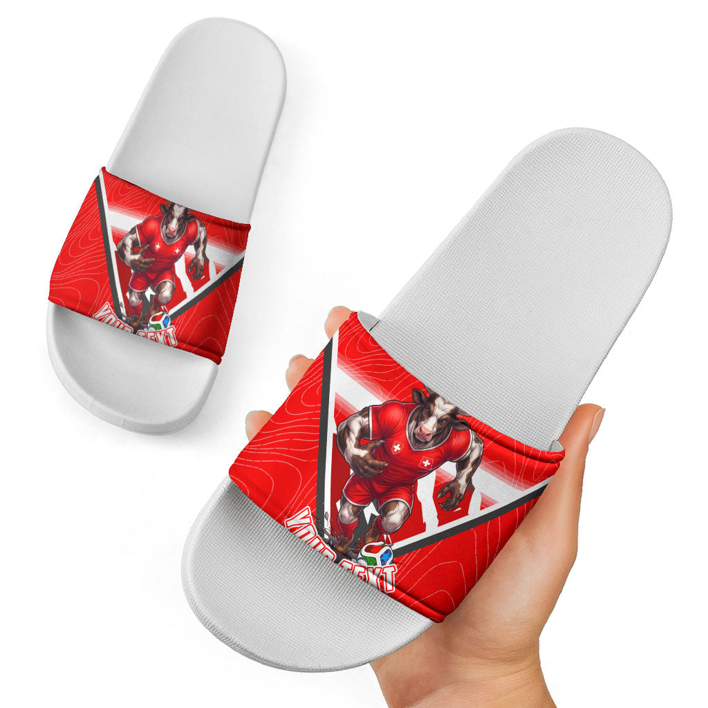 Personalized Switzerland Football Bull Mascot Slide Sandals Swiss Flag And Alps Mountain Background With Muscular Bull Art