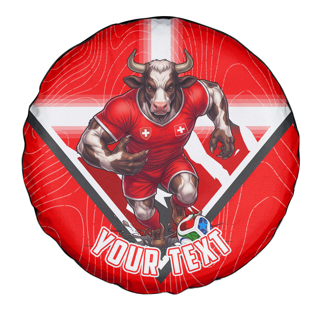 Personalized Switzerland Football Bull Mascot Spare Tire Cover Swiss Flag And Alps Mountain Background With Muscular Bull Art