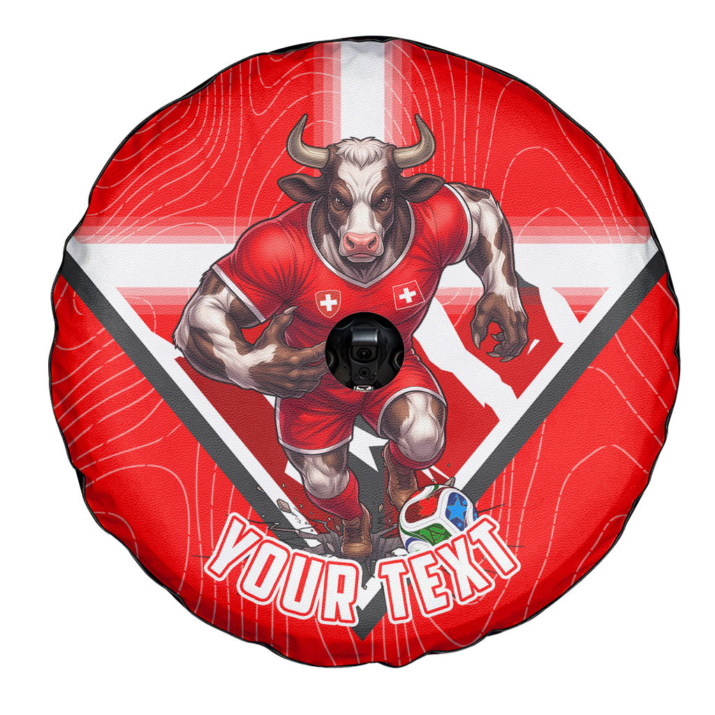 Personalized Switzerland Football Bull Mascot Spare Tire Cover Swiss Flag And Alps Mountain Background With Muscular Bull Art
