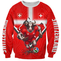 Personalized Switzerland Football Bull Mascot Sweatshirt Swiss Flag And Alps Mountain Background With Muscular Bull Art