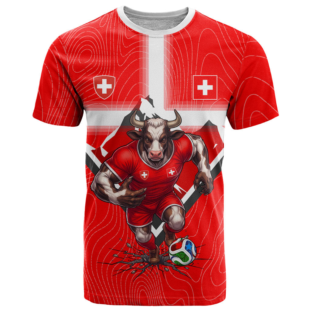 Personalized Switzerland Football Bull Mascot T Shirt Swiss Flag And Alps Mountain Background With Muscular Bull Art