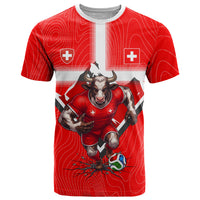 Personalized Switzerland Football Bull Mascot T Shirt Swiss Flag And Alps Mountain Background With Muscular Bull Art