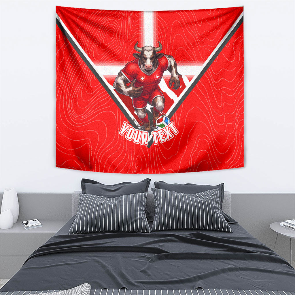 Personalized Switzerland Football Bull Mascot Tapestry Swiss Flag And Alps Mountain Background With Muscular Bull Art