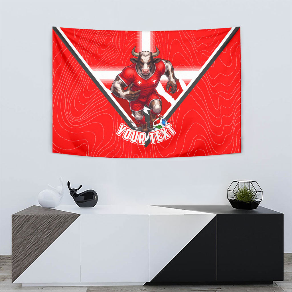 Personalized Switzerland Football Bull Mascot Tapestry Swiss Flag And Alps Mountain Background With Muscular Bull Art