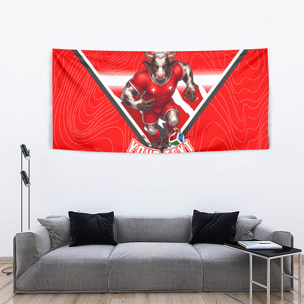 Personalized Switzerland Football Bull Mascot Tapestry Swiss Flag And Alps Mountain Background With Muscular Bull Art