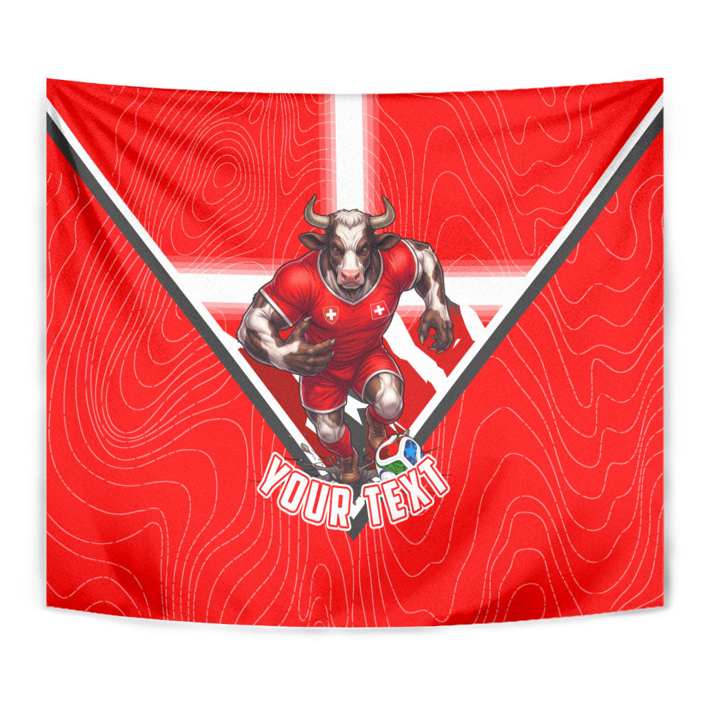 Personalized Switzerland Football Bull Mascot Tapestry Swiss Flag And Alps Mountain Background With Muscular Bull Art