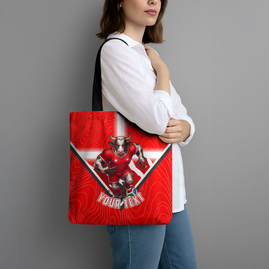 Personalized Switzerland Football Bull Mascot Tote Bag Swiss Flag And Alps Mountain Background With Muscular Bull Art