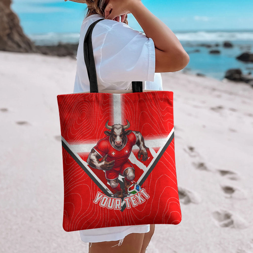 Personalized Switzerland Football Bull Mascot Tote Bag Swiss Flag And Alps Mountain Background With Muscular Bull Art