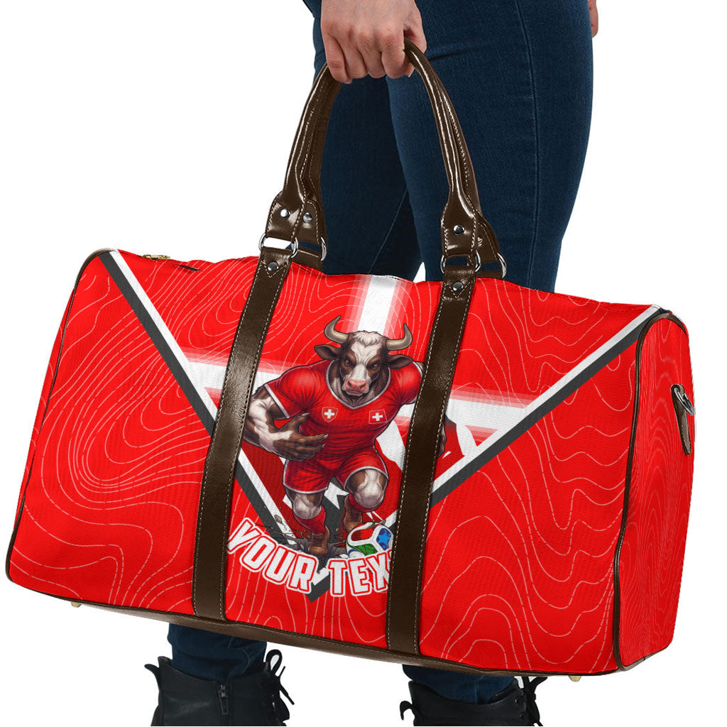 Personalized Switzerland Football Bull Mascot Travel Bag Swiss Flag And Alps Mountain Background With Muscular Bull Art