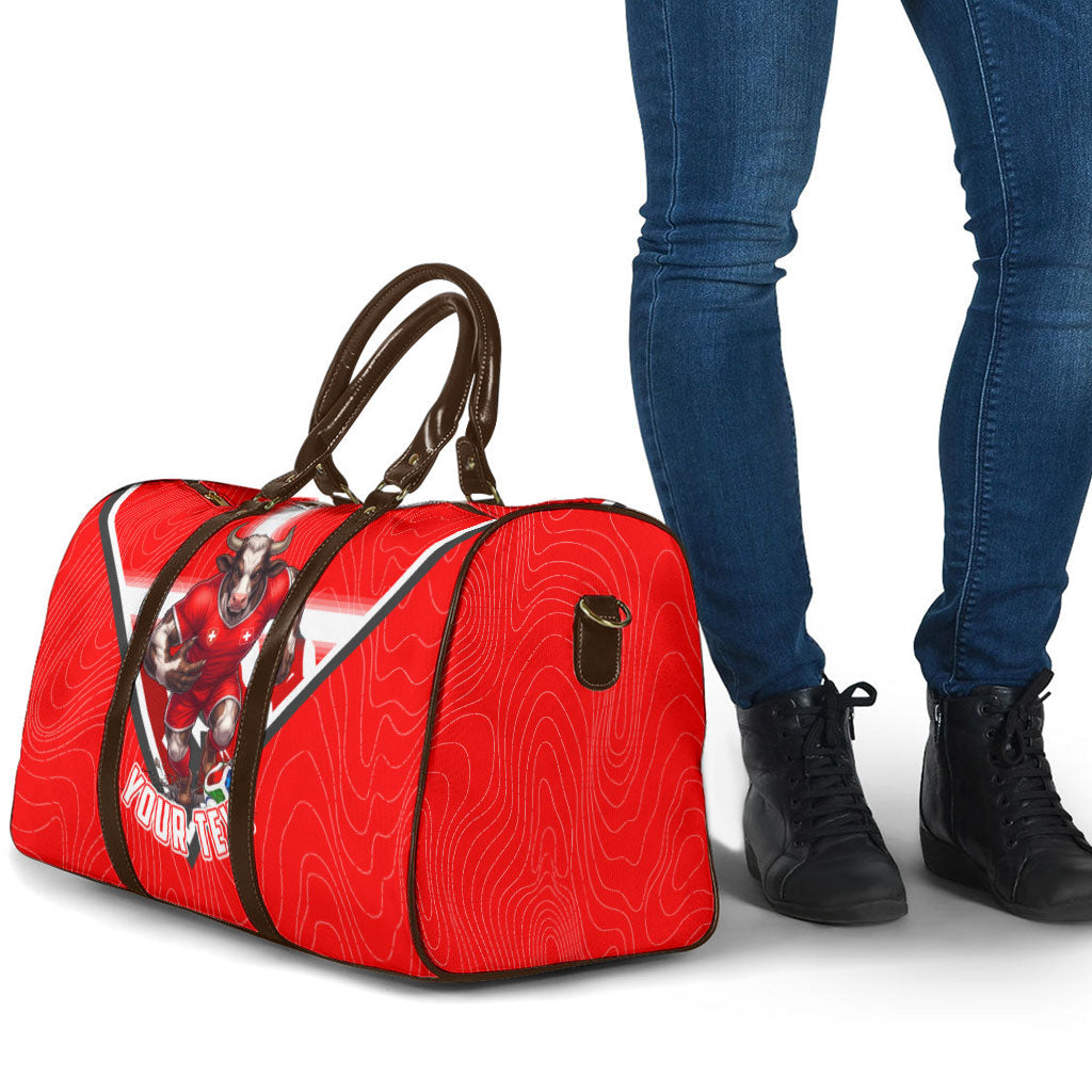 Personalized Switzerland Football Bull Mascot Travel Bag Swiss Flag And Alps Mountain Background With Muscular Bull Art