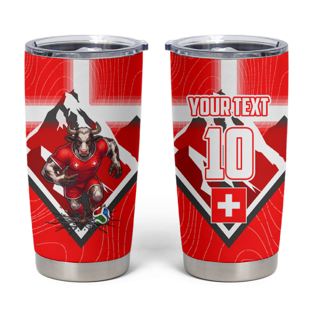 Personalized Switzerland Football Bull Mascot Tumbler Cup Swiss Flag And Alps Mountain Background With Muscular Bull Art