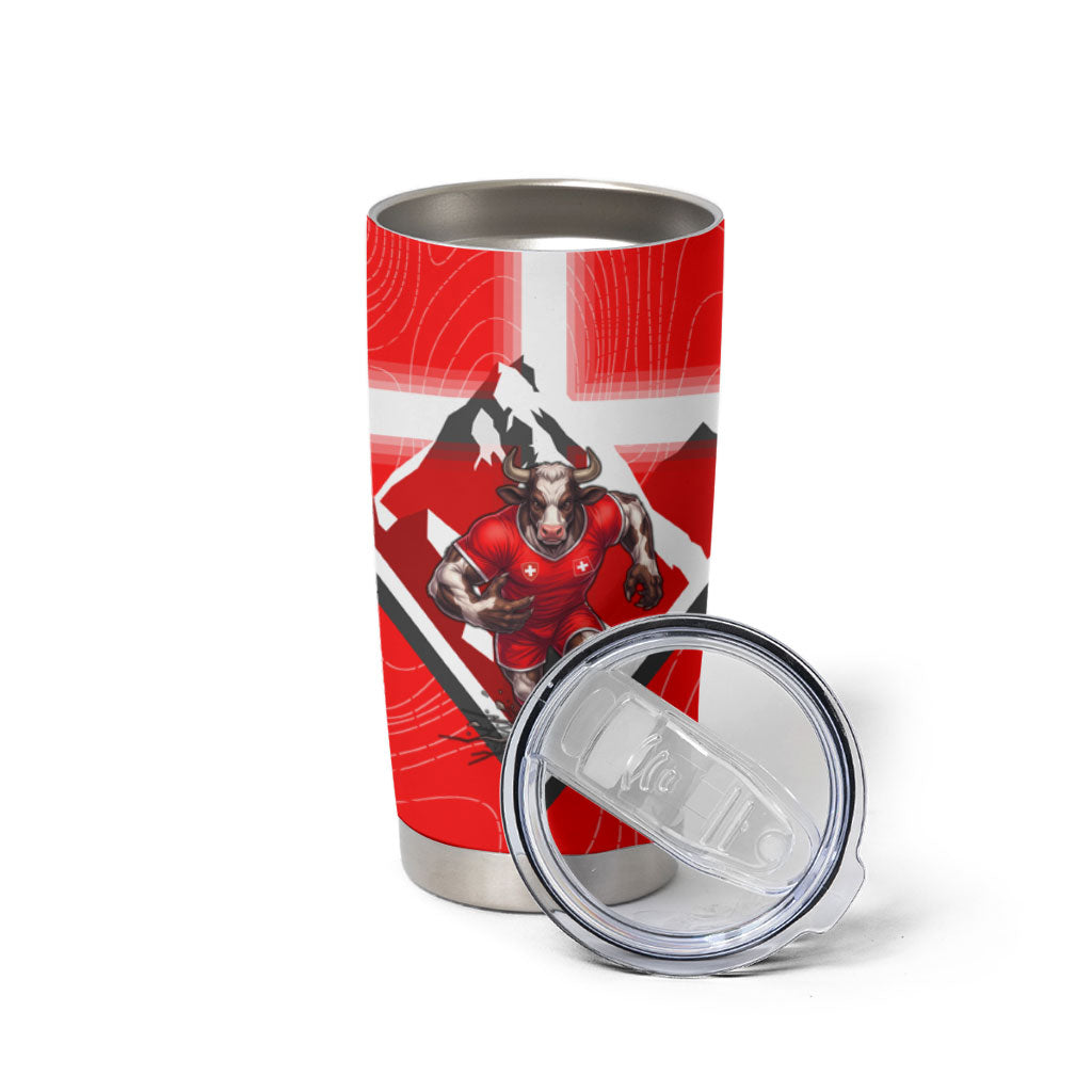 Personalized Switzerland Football Bull Mascot Tumbler Cup Swiss Flag And Alps Mountain Background With Muscular Bull Art