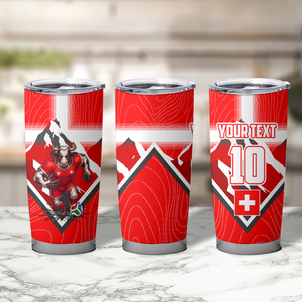 Personalized Switzerland Football Bull Mascot Tumbler Cup Swiss Flag And Alps Mountain Background With Muscular Bull Art