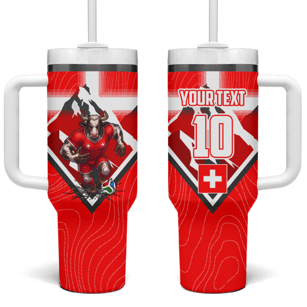 Personalized Switzerland Football Bull Mascot Tumbler With Handle Swiss Flag And Alps Mountain Background With Muscular Bull Art