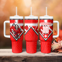 Personalized Switzerland Football Bull Mascot Tumbler With Handle Swiss Flag And Alps Mountain Background With Muscular Bull Art