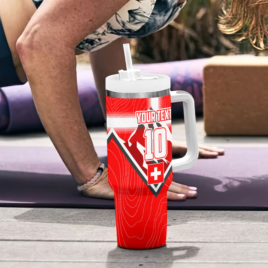 Personalized Switzerland Football Bull Mascot Tumbler With Handle Swiss Flag And Alps Mountain Background With Muscular Bull Art