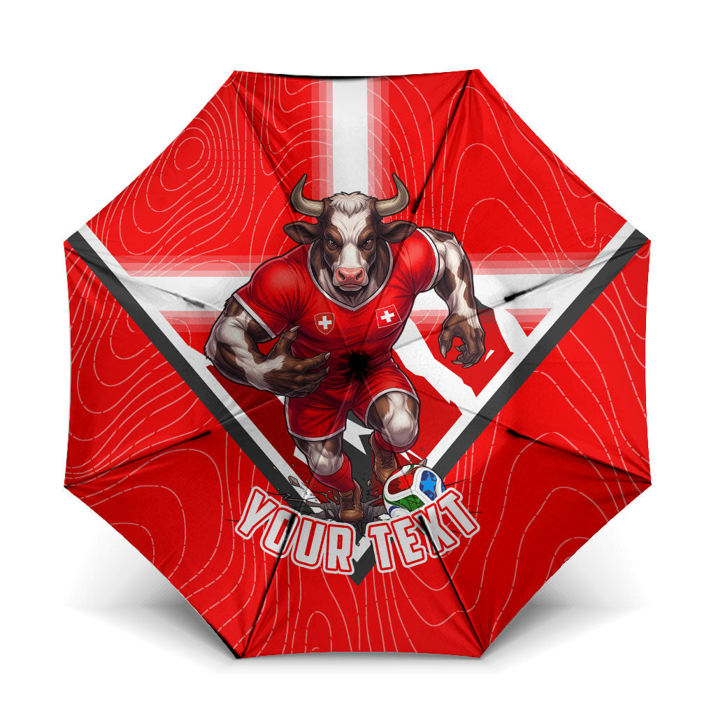 Personalized Switzerland Football Bull Mascot Umbrella Swiss Flag And Alps Mountain Background With Muscular Bull Art