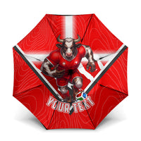 Personalized Switzerland Football Bull Mascot Umbrella Swiss Flag And Alps Mountain Background With Muscular Bull Art