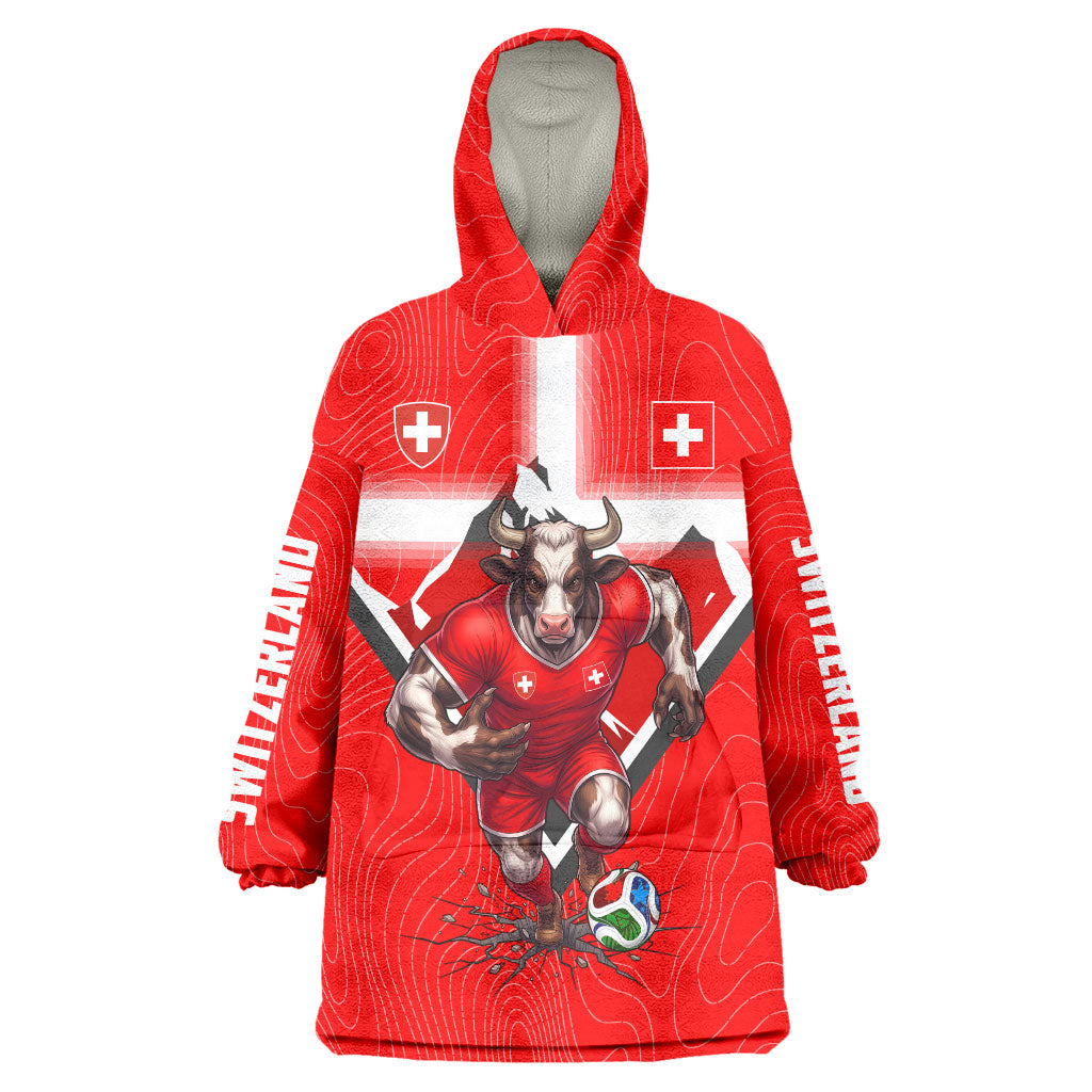 Personalized Switzerland Football Bull Mascot Wearable Blanket Hoodie Swiss Flag And Alps Mountain Background With Muscular Bull Art