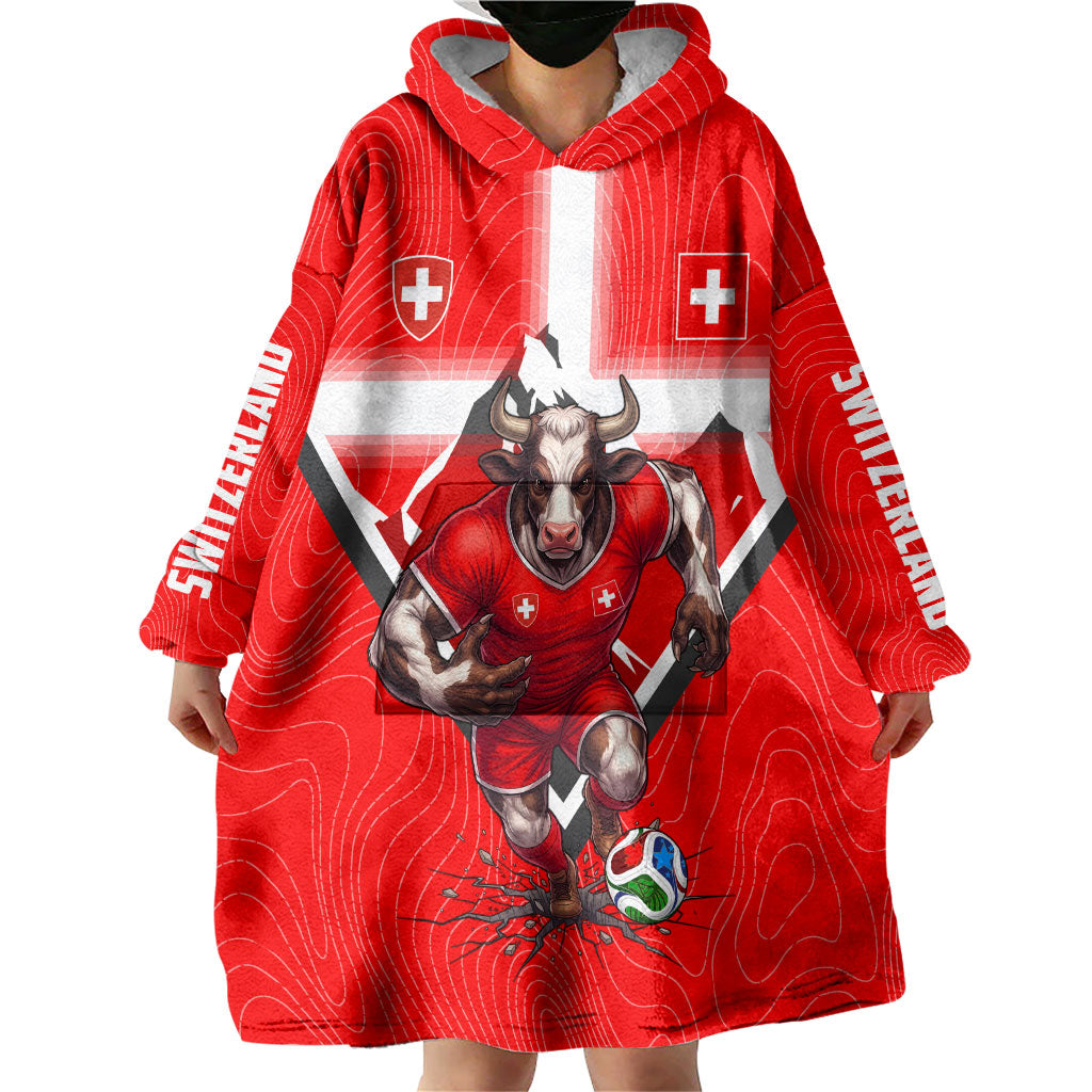 Personalized Switzerland Football Bull Mascot Wearable Blanket Hoodie Swiss Flag And Alps Mountain Background With Muscular Bull Art