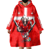 Personalized Switzerland Football Bull Mascot Wearable Blanket Hoodie Swiss Flag And Alps Mountain Background With Muscular Bull Art