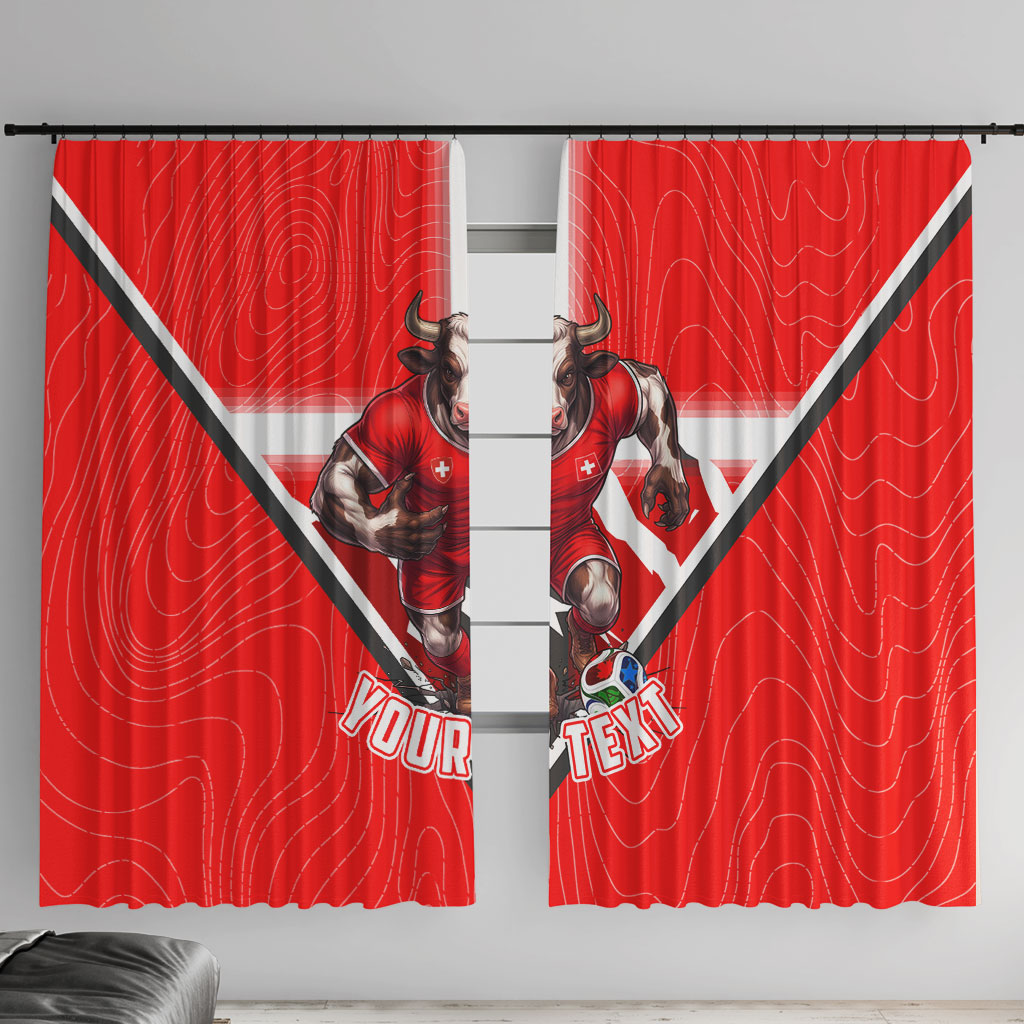 Personalized Switzerland Football Bull Mascot Window Curtain Swiss Flag And Alps Mountain Background With Muscular Bull Art