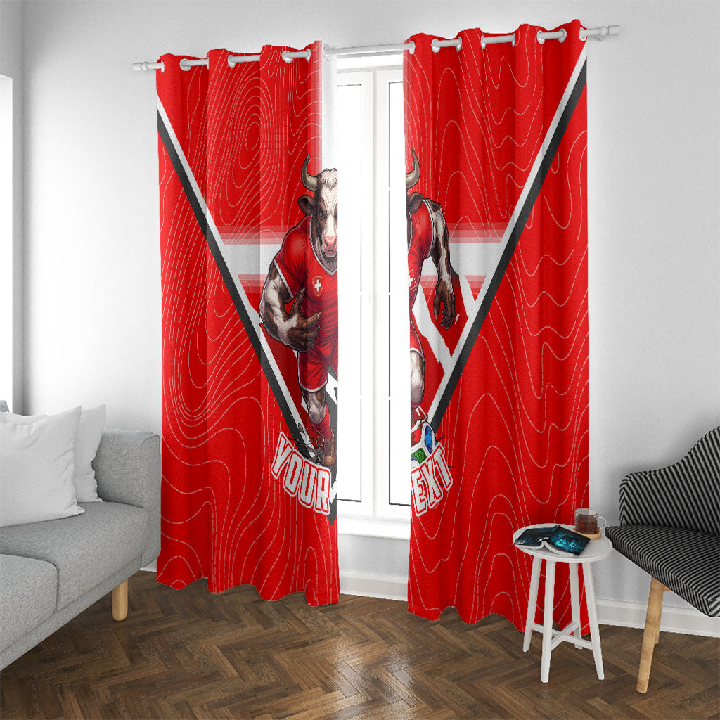 Personalized Switzerland Football Bull Mascot Window Curtain Swiss Flag And Alps Mountain Background With Muscular Bull Art