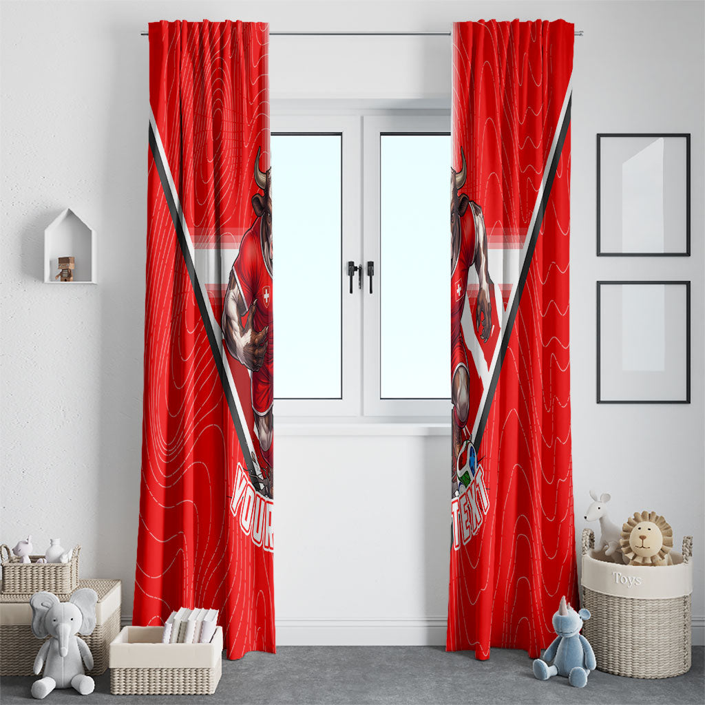 Personalized Switzerland Football Bull Mascot Window Curtain Swiss Flag And Alps Mountain Background With Muscular Bull Art