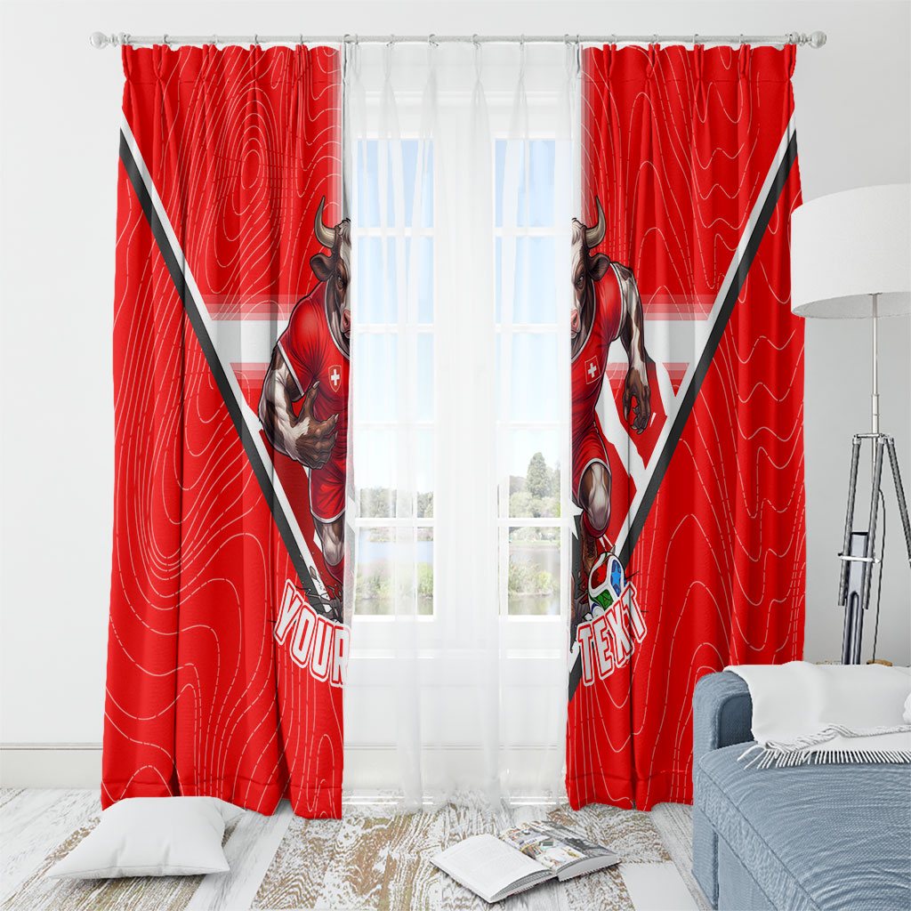 Personalized Switzerland Football Bull Mascot Window Curtain Swiss Flag And Alps Mountain Background With Muscular Bull Art