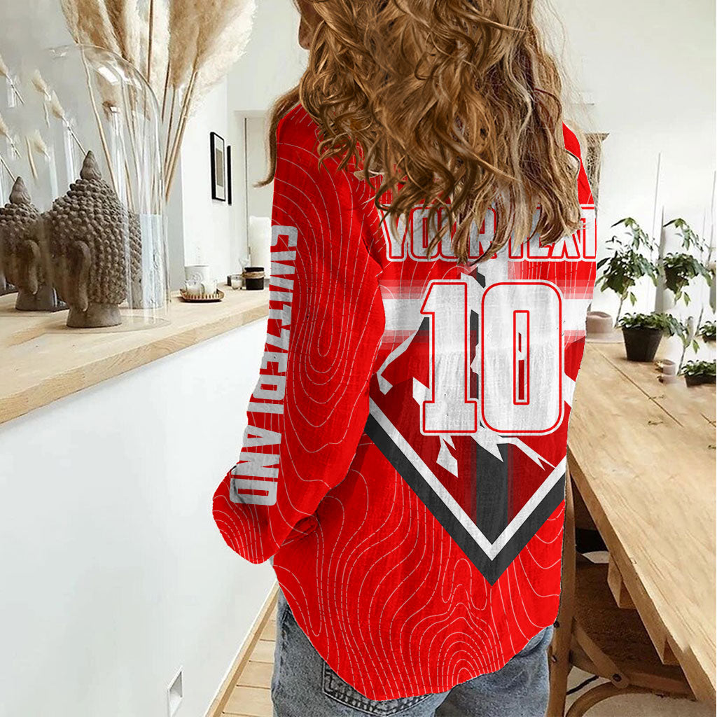 Personalized Switzerland Football Bull Mascot Women Casual Shirt Swiss Flag And Alps Mountain Background With Muscular Bull Art