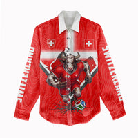 Personalized Switzerland Football Bull Mascot Women Casual Shirt Swiss Flag And Alps Mountain Background With Muscular Bull Art