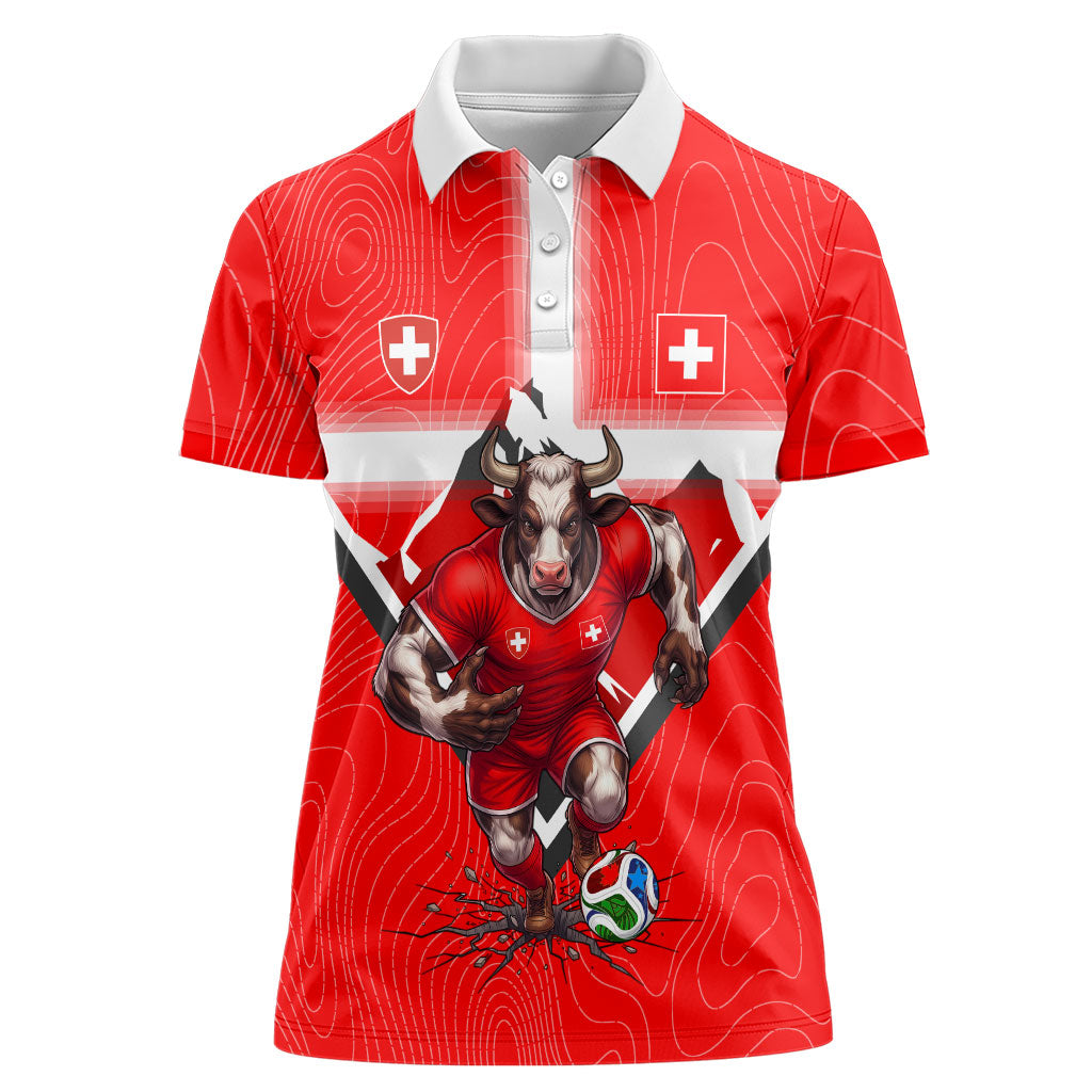 Personalized Switzerland Football Bull Mascot Women Polo Shirt Swiss Flag And Alps Mountain Background With Muscular Bull Art
