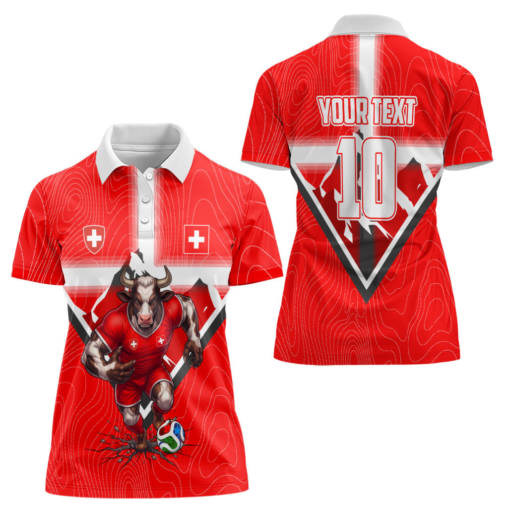 Personalized Switzerland Football Bull Mascot Women Polo Shirt Swiss Flag And Alps Mountain Background With Muscular Bull Art