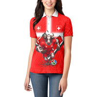 Personalized Switzerland Football Bull Mascot Women Polo Shirt Swiss Flag And Alps Mountain Background With Muscular Bull Art