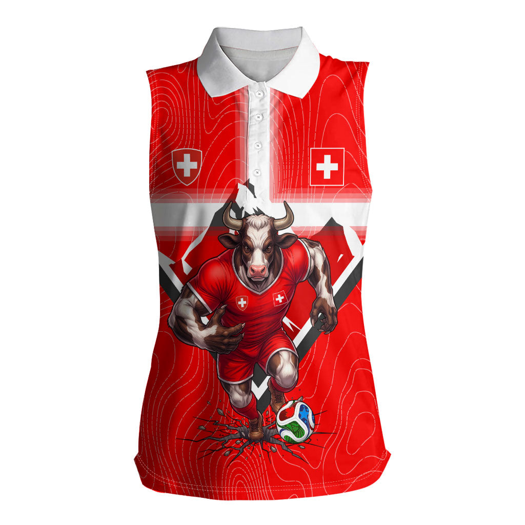 Personalized Switzerland Football Bull Mascot Women Sleeveless Polo Shirt Swiss Flag And Alps Mountain Background With Muscular Bull Art