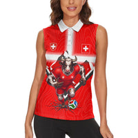 Personalized Switzerland Football Bull Mascot Women Sleeveless Polo Shirt Swiss Flag And Alps Mountain Background With Muscular Bull Art