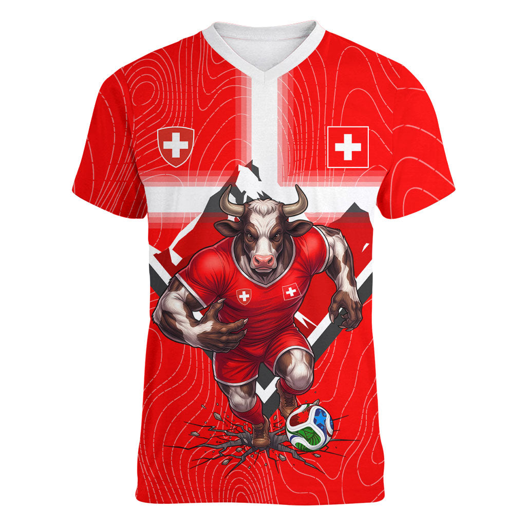 Personalized Switzerland Football Bull Mascot Women V-Neck T-Shirt Swiss Flag And Alps Mountain Background With Muscular Bull Art