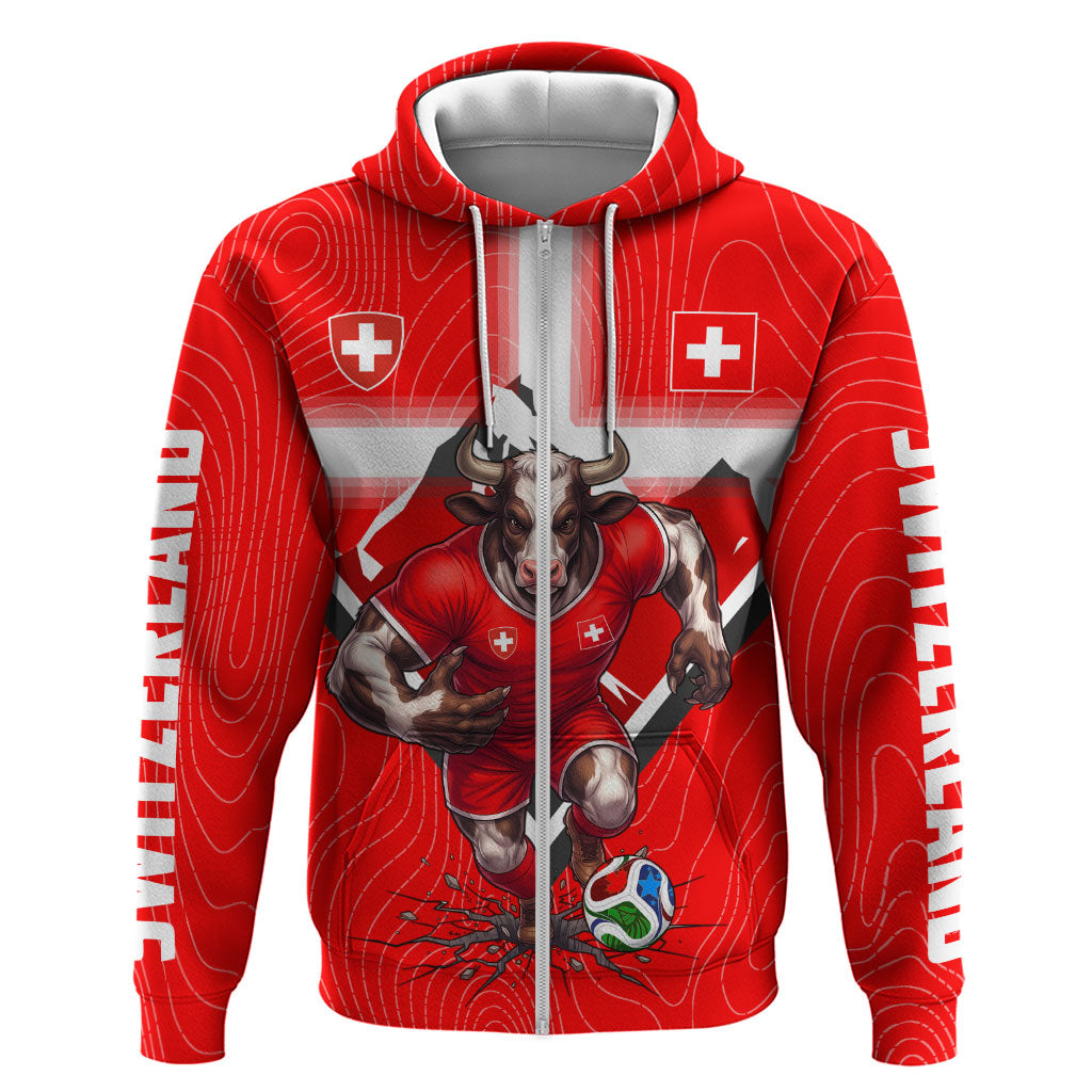 Personalized Switzerland Football Bull Mascot Zip Hoodie Swiss Flag And Alps Mountain Background With Muscular Bull Art
