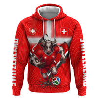 Personalized Switzerland Football Bull Mascot Zip Hoodie Swiss Flag And Alps Mountain Background With Muscular Bull Art