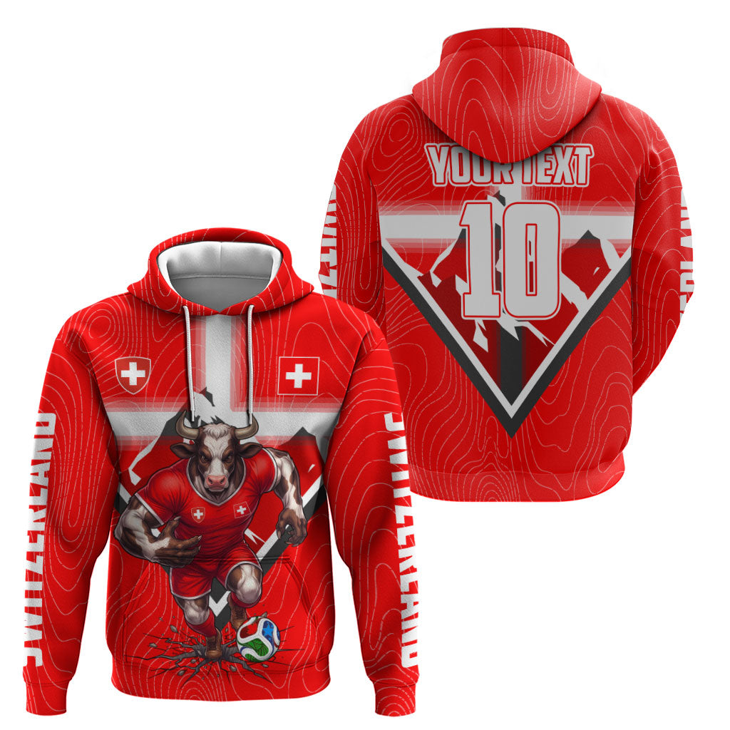 Personalized Switzerland Football Bull Mascot Zip Hoodie Swiss Flag And Alps Mountain Background With Muscular Bull Art