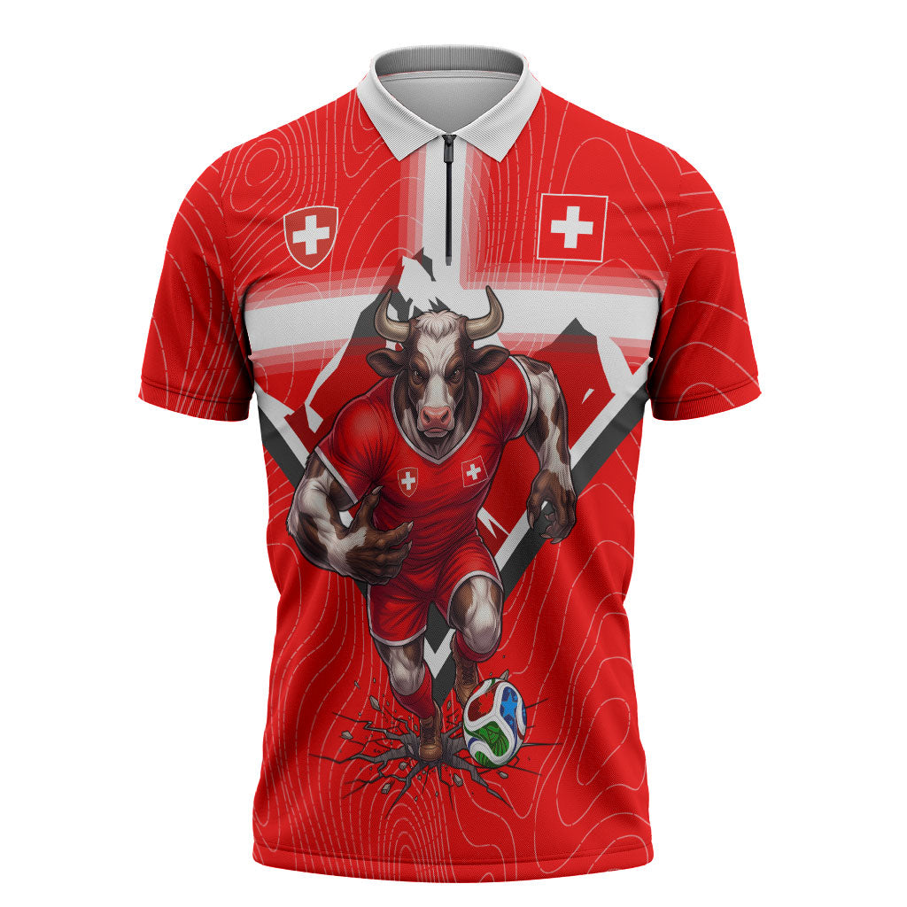 Personalized Switzerland Football Bull Mascot Zipper Polo Shirt Swiss Flag And Alps Mountain Background With Muscular Bull Art