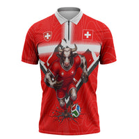 Personalized Switzerland Football Bull Mascot Zipper Polo Shirt Swiss Flag And Alps Mountain Background With Muscular Bull Art