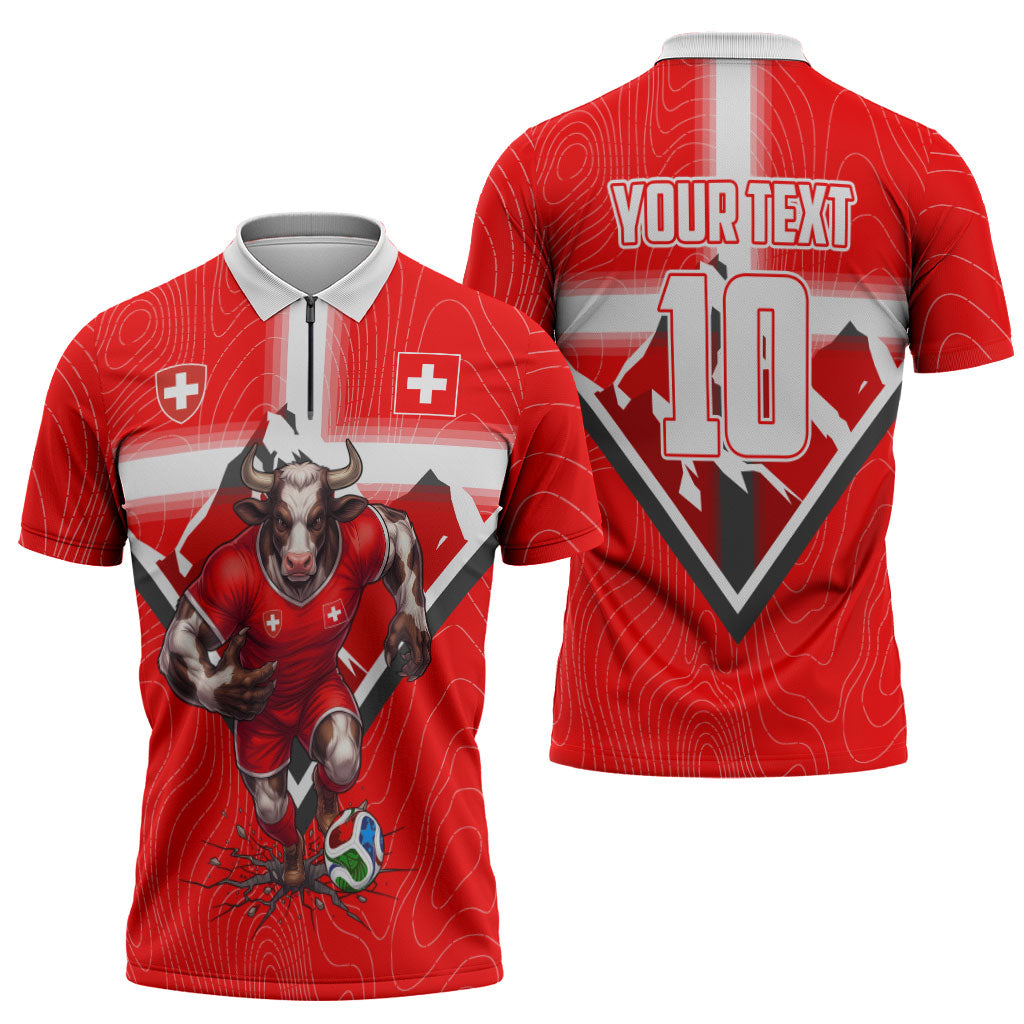 Personalized Switzerland Football Bull Mascot Zipper Polo Shirt Swiss Flag And Alps Mountain Background With Muscular Bull Art