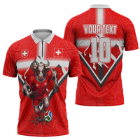 Personalized Switzerland Football Bull Mascot Zipper Polo Shirt Swiss Flag And Alps Mountain Background With Muscular Bull Art