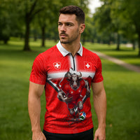 Personalized Switzerland Football Bull Mascot Zipper Polo Shirt Swiss Flag And Alps Mountain Background With Muscular Bull Art