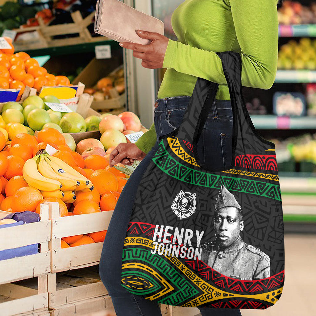 Henry Johnson Black History Month Grocery Bag Pan African Colors Tribal Geometric Pattern