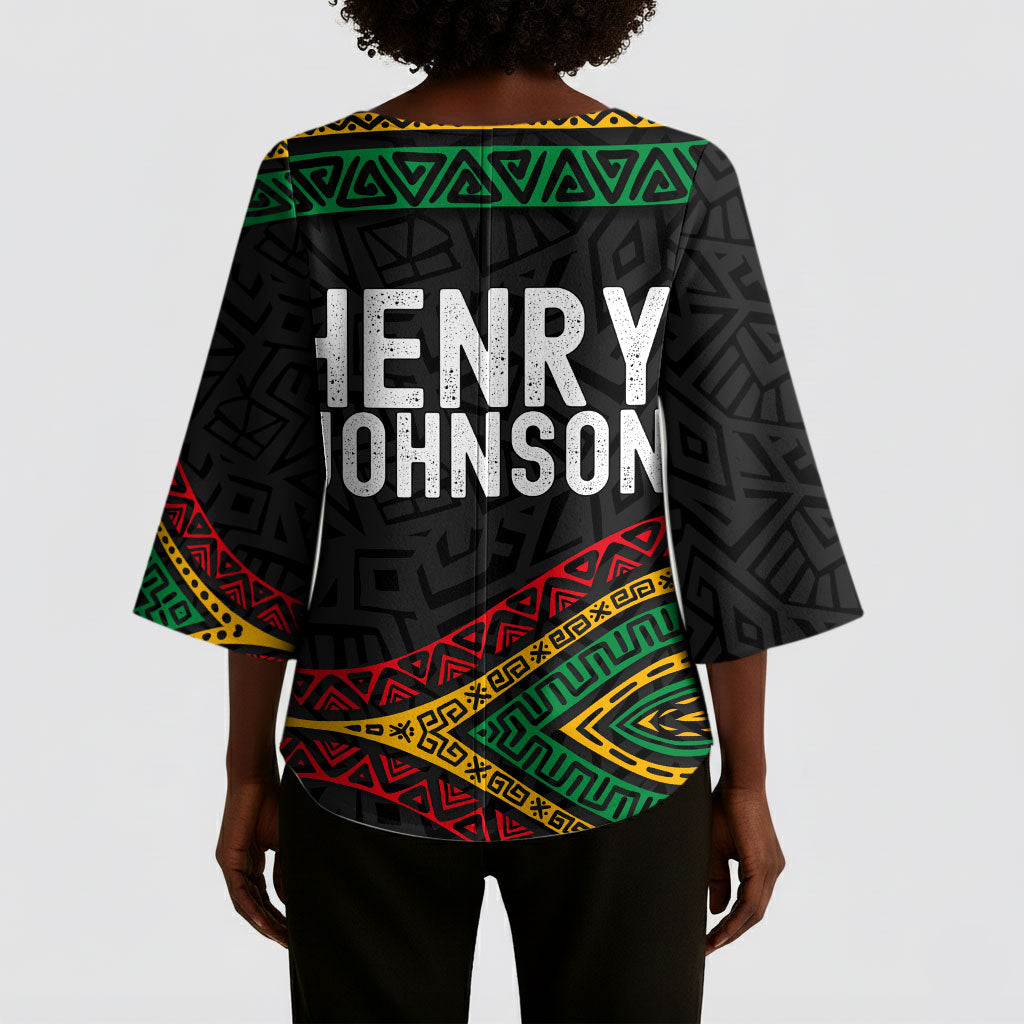 Henry Johnson Black History Month Kimono Sleeve Blouse Pan African Colors Tribal Geometric Pattern