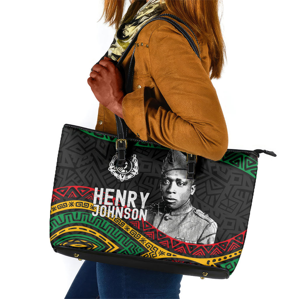 Henry Johnson Black History Month Leather Tote Bag Pan African Colors Tribal Geometric Pattern