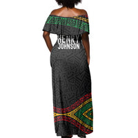 Henry Johnson Black History Month Off Shoulder Maxi Dress Pan African Colors Tribal Geometric Pattern
